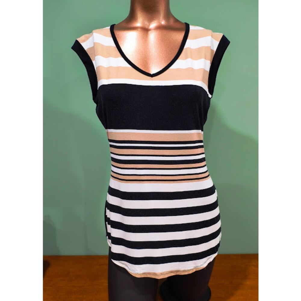 Picadilly Sleeveless Striped‎ Top - Black/White/Tan - XS